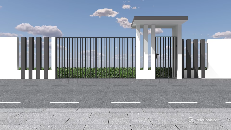 Modern Metal Fence With Gate And White Columns Against Blue Sky And Green Grass 3d model 