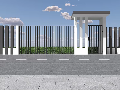 Modern Metal Fence With Gate And White Columns Against Blue Sky And Green Grass 3d model