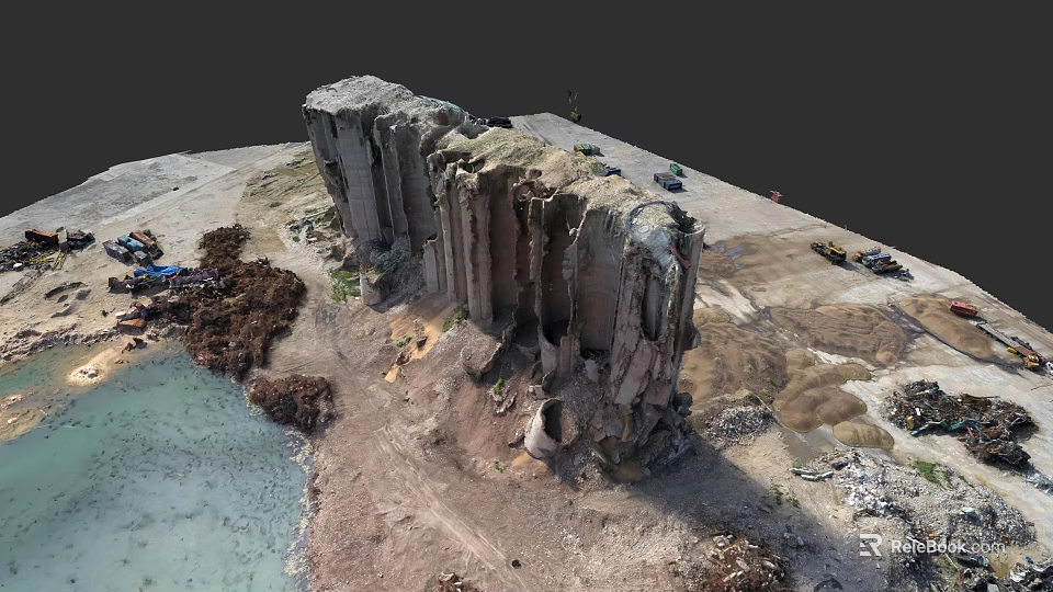 Abandoned Urban Concrete Structure With Surrounding Dirt Water Area And Debris 3d model 
