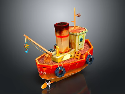 Red and Yellow Toy Boat with Chimney Cabin Tires and Rear Paddle 3d model