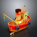 Red and Yellow Toy Boat with Chimney Cabin Tires and Rear Paddle