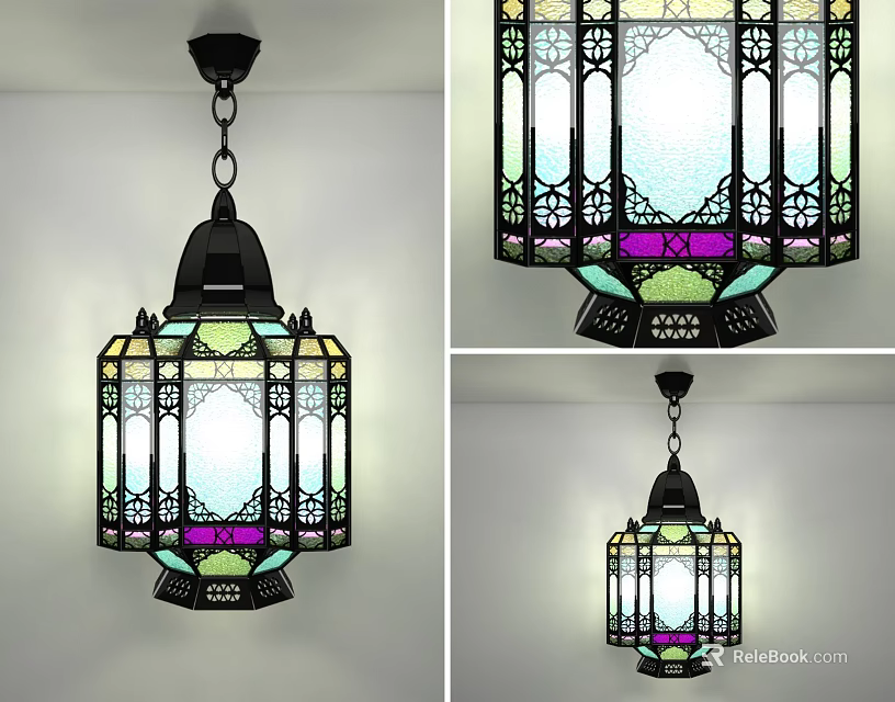 Colorful Stained Glass Chandelier With Black Metal Frame And Decorative Design For Elegant Lighting 3d model 