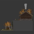 Cartoon Scene With Wooden Cabin On Cliff And Autumn Trees By Stream