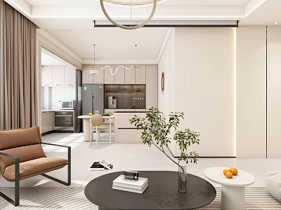 Modern Living And Dining Room Interior With Brown Chair Black Coffee Table And Green Plant 3d model