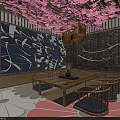 Japanese Traditional Interior With Cherry Blossom Ceiling Wooden Table Chairs And Decorative Elements