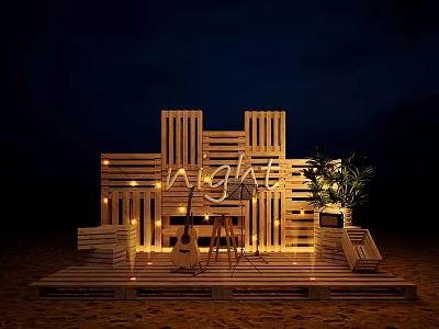 Evening Decorative Wooden Stage Setup With Night Light Sign Guitar And Plant 3d model