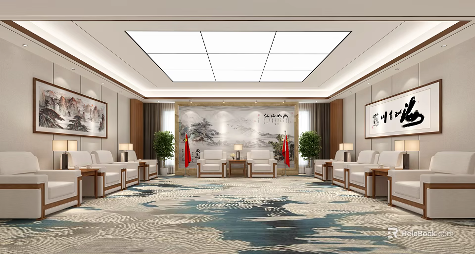 Luxurious New Chinese Style Meeting Room With Exquisite Landscape Artworks And Comfortable Reception Sofa Sets 3d model 