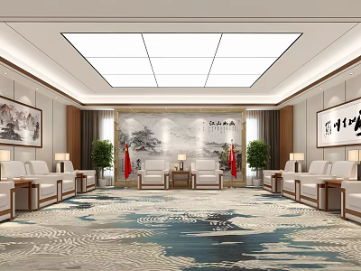 Luxurious New Chinese Style Meeting Room With Exquisite Landscape Artworks And Comfortable Reception Sofa Sets 3d model
