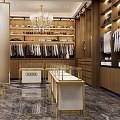 Modern Luxury Clothing Store Interior With Glass Display Counters Golden Decor And Wooden Shelves
