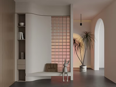 Modern Interior With White Partition Shelves Bench Rabbit Figurine Potted Plant And Arched Doorway 3d model