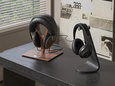Modern Over Ear Headphones With Wooden Stand And Black Holder On Desk 3d model