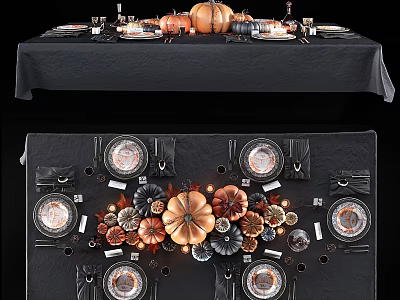 Elegant Tableware Set with Pumpkin Decor and Dried Flowers for Fall Dinner Table Arrangement 3d model
