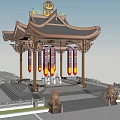 Traditional Chinese Architectural Gate With Ornate Roof Dragon Decorations Colorful Banners And Stone Lions