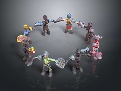 Colorful Toy Characters And Creatures Holding Hands In Circle Formation 3d model