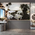 Modern Bed Background Wall With Tropical Landscape And Plants Mural 3d model