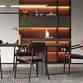 Modern Dining Table Set Interior With Brown Chairs Hanging Lights And Wall Shelves 3d model
