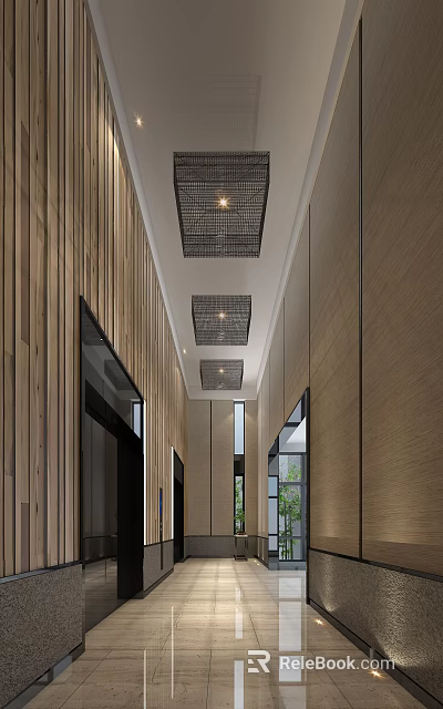 Modern Elevator Hallway With Wooden Walls Grid Ceiling Lights And Natural Light 3d model 