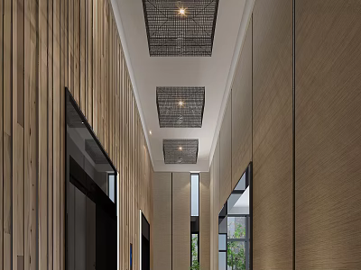 Modern Elevator Hallway With Wooden Walls Grid Ceiling Lights And Natural Light 3d model
