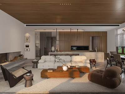 Modern Living and Dining Room Interior With Wooden Ceiling Sofa Fireplace And Dining Chairs 3d model