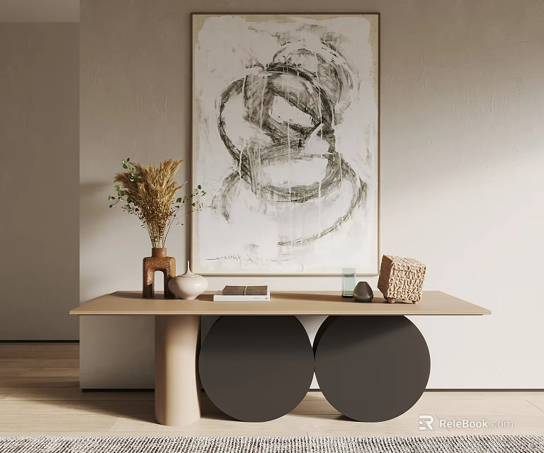 Modern Console Table With Abstract Painting Dried Grass Vase And Black Circular Bases 3d model 
