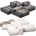 Modern Modular Sofa In White And Gray With Tufted Design Plush Cushions And Throw Blanket