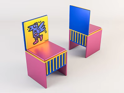 Colorful Graphic Accent Chairs With Pink Frame Yellow Blue Backrest And Striped Base 3d model