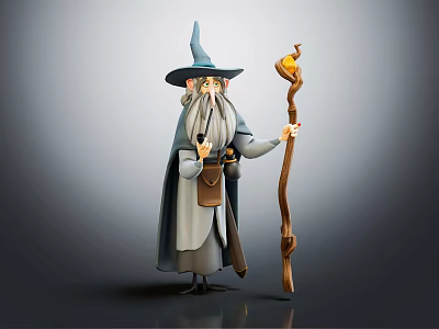 Wizard Fantasy Character In Robe Pointed Hat With Long Beard Holding Pumpkin Head Staff 3d model