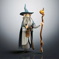 Wizard Fantasy Character In Robe Pointed Hat With Long Beard Holding Pumpkin Head Staff