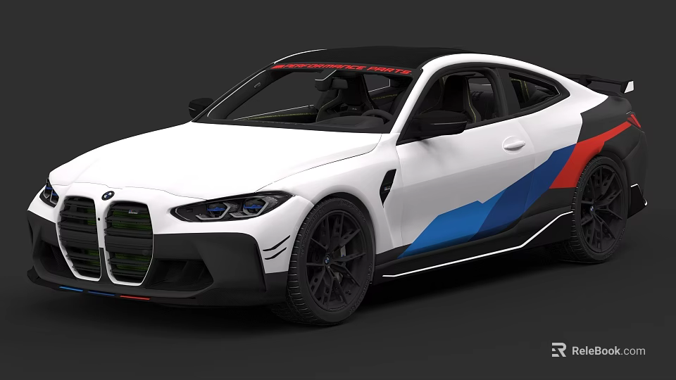 White Two Door Sporty Car With Blue Red Stripes And Aerodynamic Body 3d model 