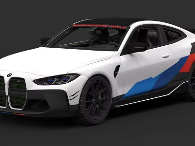 White Two Door Sporty Car With Blue Red Stripes And Aerodynamic Body 3d model