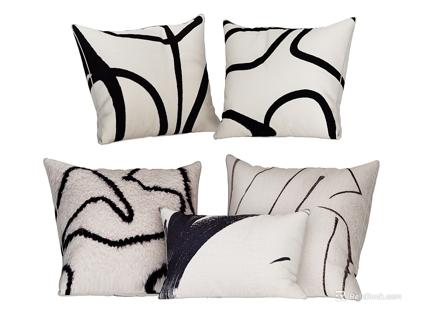 Black And White Decorative Throw Pillows With Abstract Curved Lines And Modern Design 3d model 