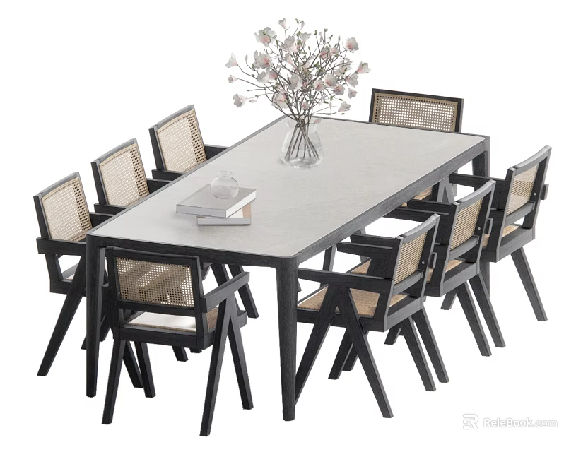 Modern Dining Table Set With Rattan Backrest Chairs Light Surface And Vase With Flowers 3d model