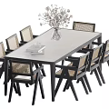 Modern Dining Table Set With Rattan Backrest Chairs Light Surface And Vase With Flowers 3d model