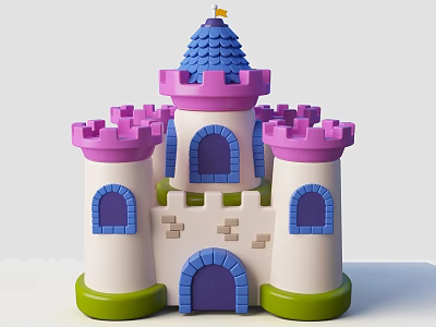 Cartoon Style Castle Building With Pink Towers Purple Roof White Walls And Green Base 3d model