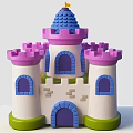 Cartoon Style Castle Building With Pink Towers Purple Roof White Walls And Green Base