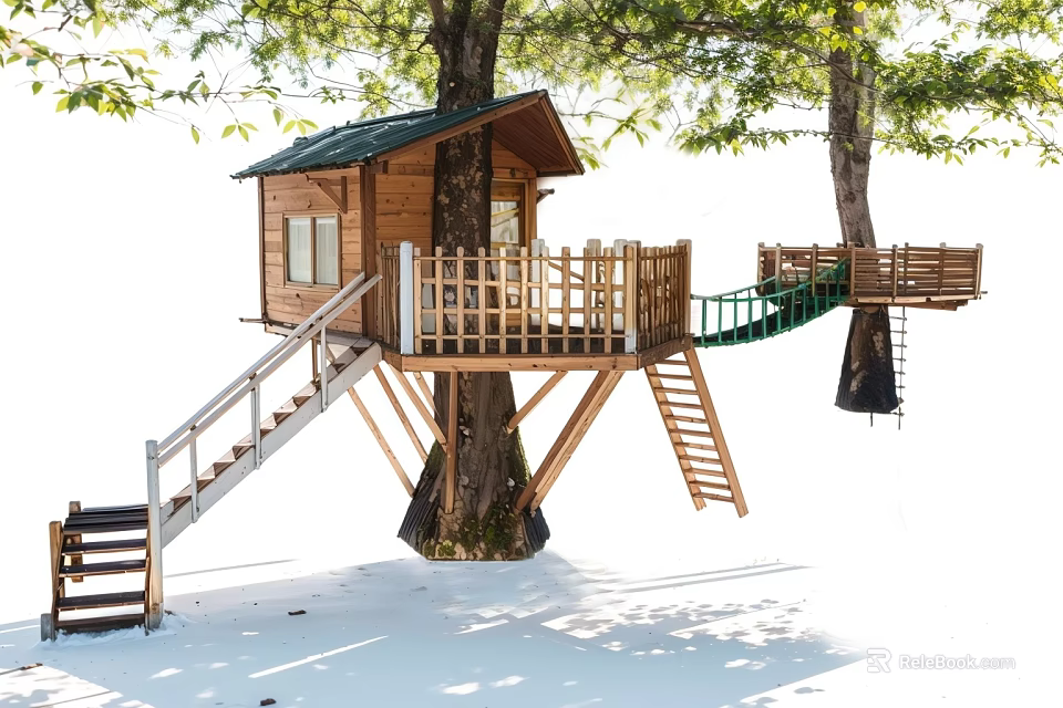 Wooden Garden Tree House With Staircase Railing And Bridge Between Trees On Snowy Ground 3d model 