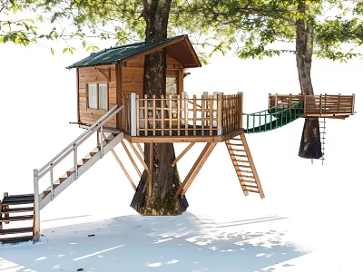 Wooden Garden Tree House With Staircase Railing And Bridge Between Trees On Snowy Ground 3d model