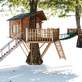 Wooden Garden Tree House With Staircase Railing And Bridge Between Trees On Snowy Ground