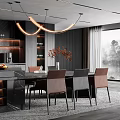 Modern Restaurant Interior Design With Dark Wooden Walls Marble Island And Curved Pendant Lights