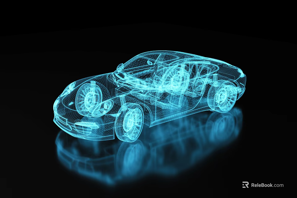 Detailed Blue 3D Wireframe Car Model with Digital Rendering and Reflective Surface 3d model 