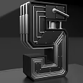 3D Black Number 5 Metallic Structure With Geometric Lines On Circular Platform 3d model