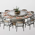 Modern Round Dining Table Set With Multiple Chairs Rotating Turntable Tableware And Green Plant 3d model