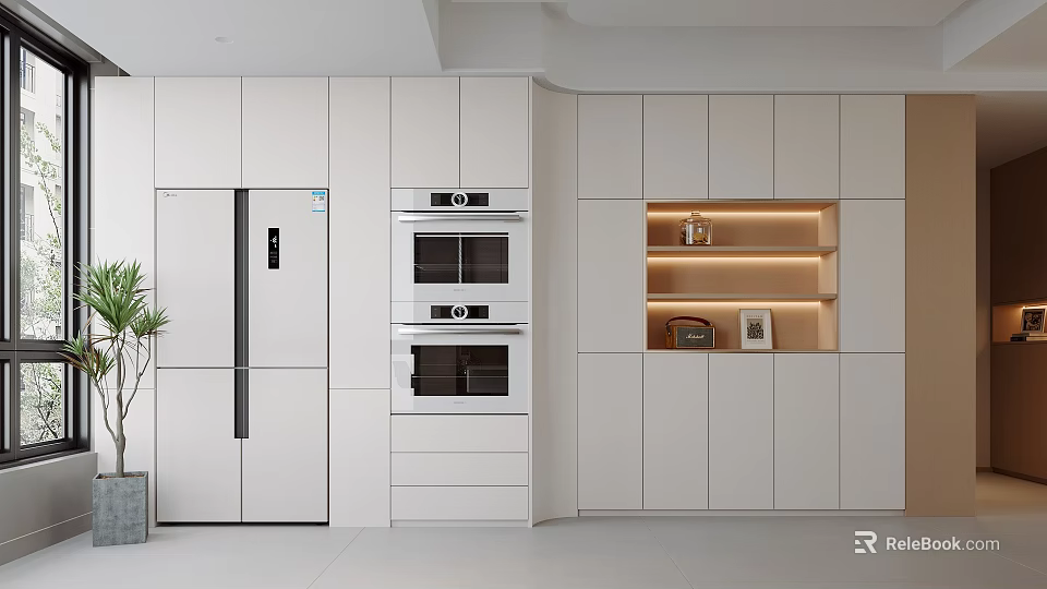 Modern Kitchen Sideboard Design With White Cabinets And Open Storage Spaces 3d model