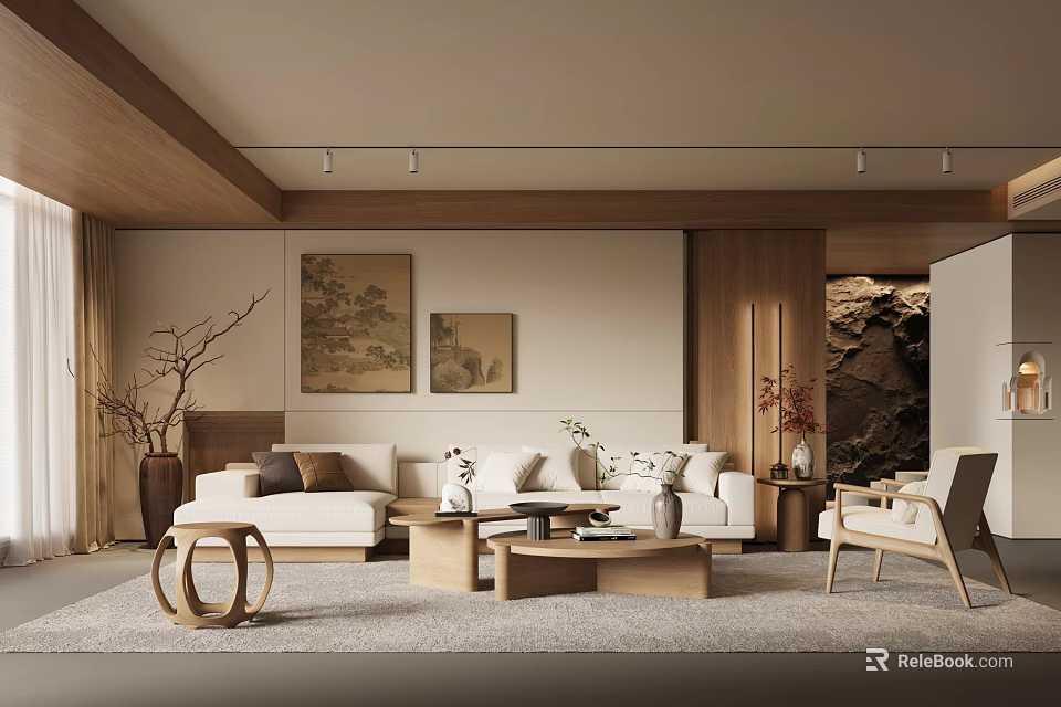 Modern Minimalist Living Room With Wooden Elements Sofa Coffee Table Decorative Paintings And Branch Decor 3d model 