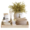 Bathroom Accessories On Wooden Tray With Greenery