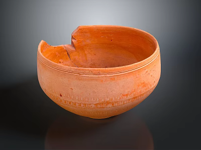 Orange Clay Sculpture Bowl With Broken Edge And Carved Patterns 3d model