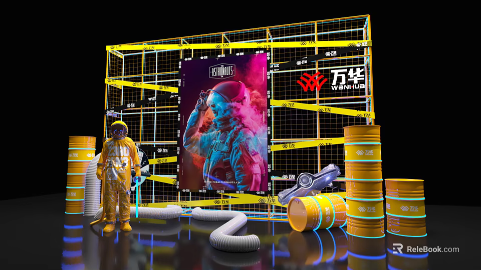 Industrial Site Scene With Wanhua Logo Scaffolding Oil Drums Person In Protective Suit And Billboard 3d model 