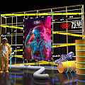 Industrial Site Scene With Wanhua Logo Scaffolding Oil Drums Person In Protective Suit And Billboard