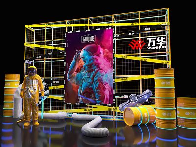 Industrial Site Scene With Wanhua Logo Scaffolding Oil Drums Person In Protective Suit And Billboard 3d model