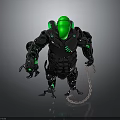 Mechanical Creature Character With Green Head Black Armor Glowing Accents And Chain
